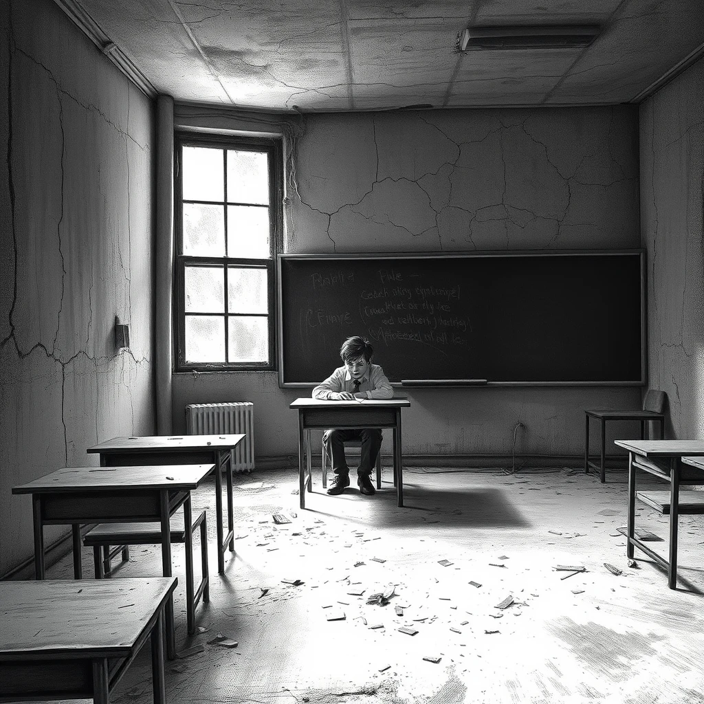 Profesor solitario en un aula deteriorada